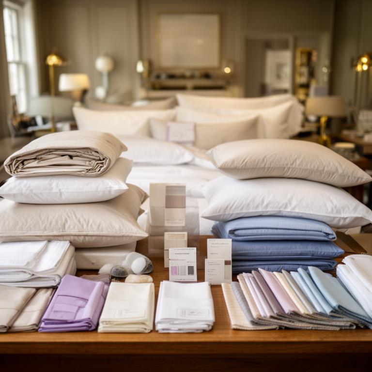 Bedding care display with folded cotton sheets and labelled pillow fills in a Buckingham showroom