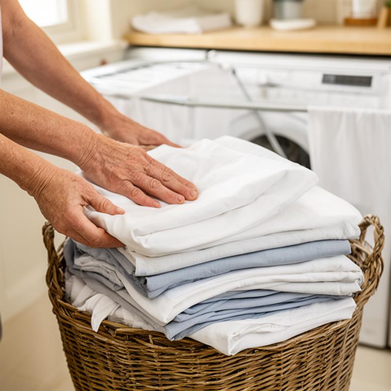 Hands folding freshly washed cotton bed linen beside a basket in a bright utility room