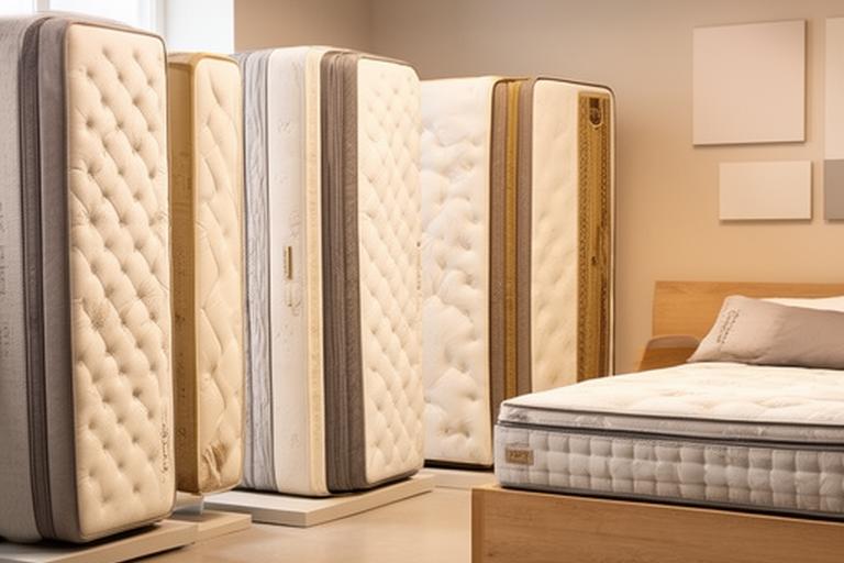 Several mattress styles standing in a professional showroom with a neutral bedroom display