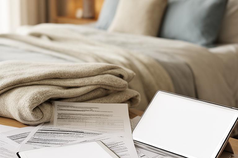 Paperwork and digital records arranged beside a neatly made guest bed