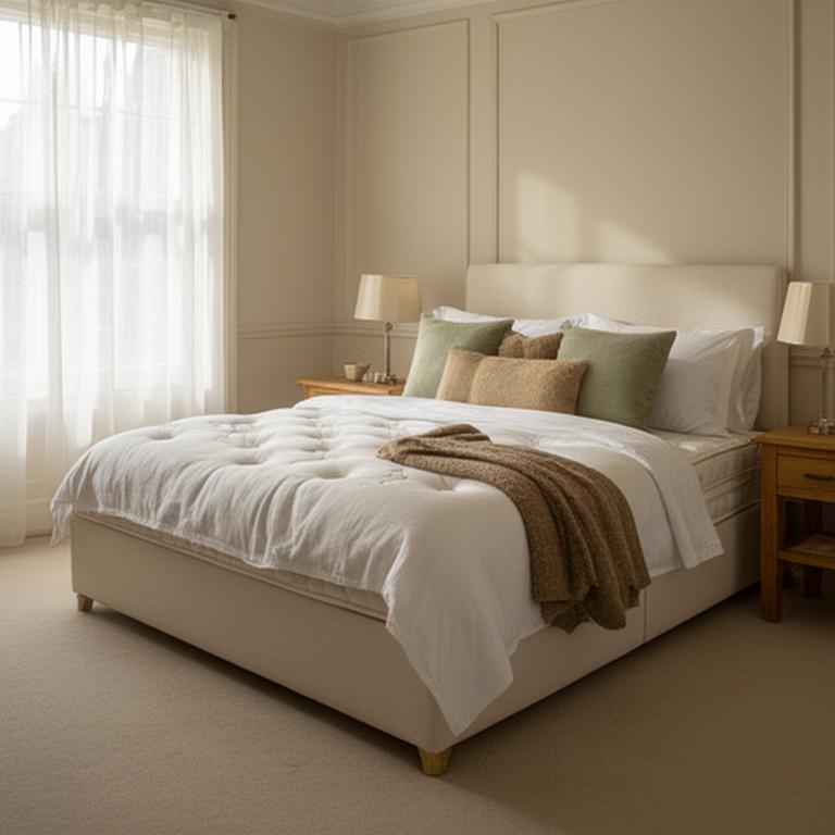 Hand-finished mattress on a beautifully dressed bed in a calm Buckinghamshire bedroom