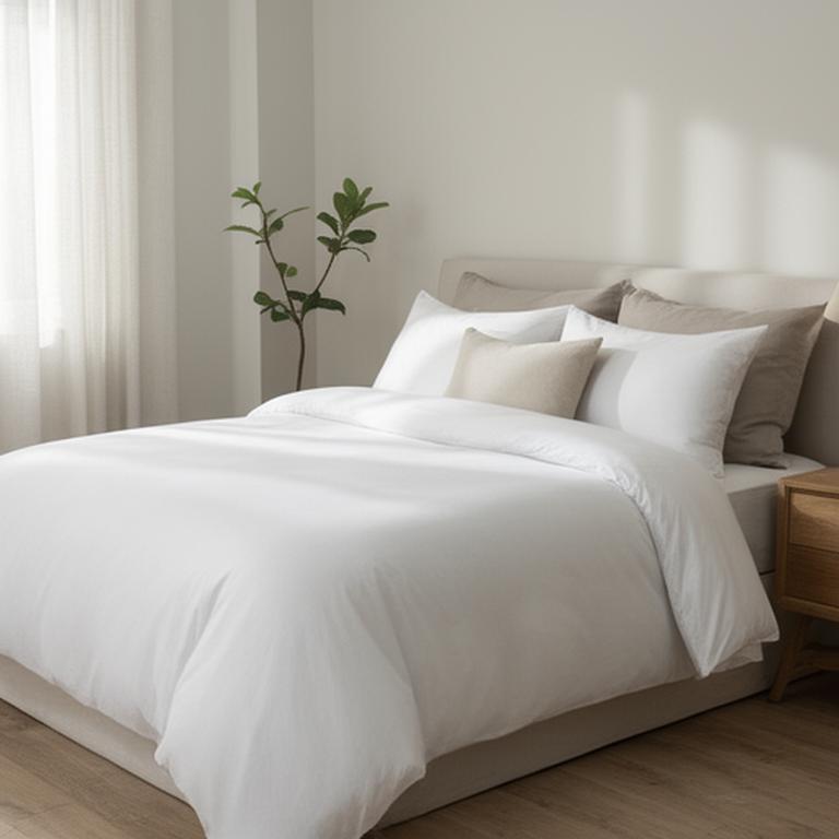 Fresh white duvet and supportive pillows arranged in a quiet guest bedroom with natural light
